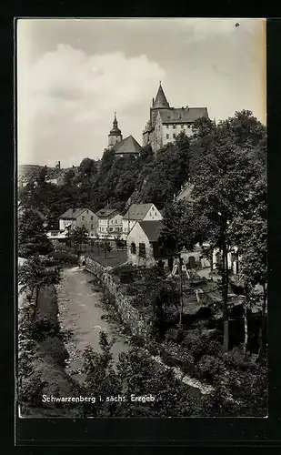 AK Schwarzenberg, Ortspartie am Fluss mit Burg