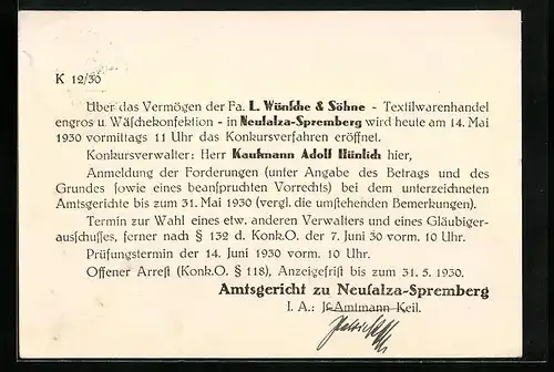AK Neusalza-Spremberg, Mitteilung Konkursverfahren gegen die Fa. L. Wünsche & Söhne, Textilwarenhandel u. Wäschekonfekt.
