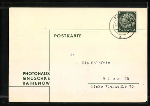 AK Rathenow, Photohaus Gnuschke, Bestellkarte an die Galerie Wien