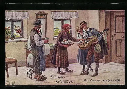 Künstler-AK Arthur Thiele: Hamster-Erlebnisse - Das Auge des Gesetzes wacht