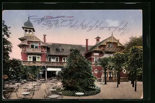 AK Löbau, Gasthaus Honigbrunnen mit Garten