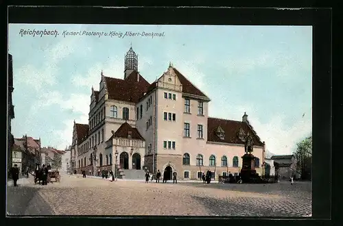 AK Reichenbach, Kaiserliches Postamt und König-Albert-Denkmal