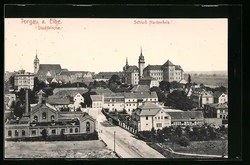 AK Torgau /Elbe, Teilansicht mit Stadtkirche und Schloss Hartenfels