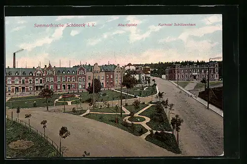 AK Schöneck i. V., Albertsplatz mit Kurhotel Schützenhaus aus der Vogelschau