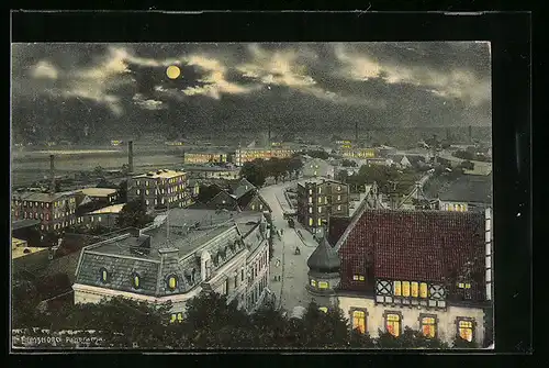 Mondschein-AK Elmshorn, Panorama mit erleuchteten Fenstern