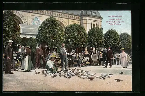 AK Hamburg-Neustadt, Taubenfütterung am Alster-Pavillon am Jungfernstieg