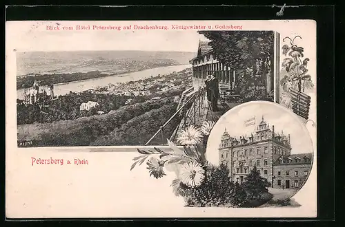 Passepartout-AK Petersberg am Rhein, Hotel Petersberg, Blick vom Hotel auf Drachenburg, Königswinter und Godesberg