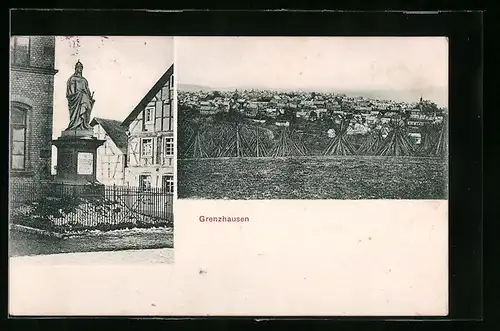 AK Grenzhausen, Ortsansicht hinter Garben und Ortspartie mit Denkmal