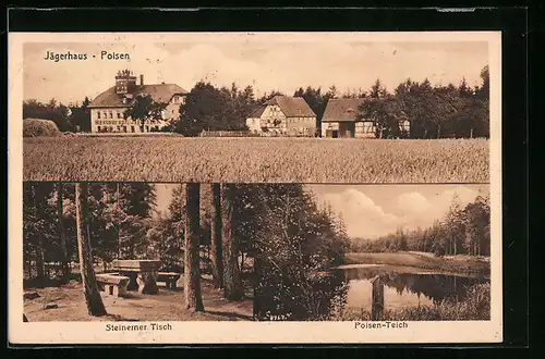 AK Rabenau, Restaurant Jägerhaus mit Steinerner Tisch und Poisen-Teich