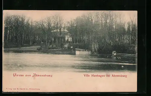 AK Ahrensburg, Flusspartie mit Villa Manhagen