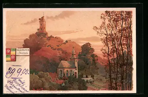 Künstler-AK Falkenstein i. Taunus, Kirche mit Turm im Hintergrund