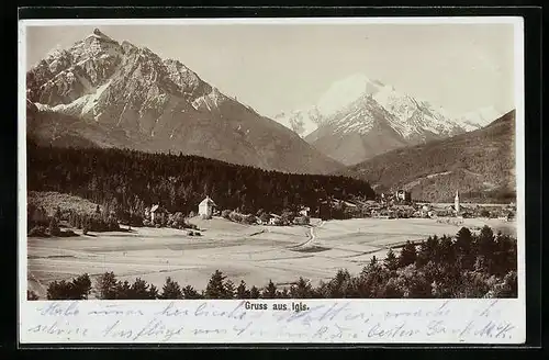 Foto-AK Fritz Gratl: Igls, Ortspartie mit Bergen