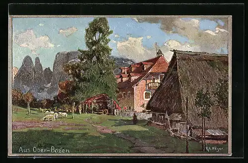 Künstler-AK Rudolf Alfred Höger: Ober-Bozen, Ortspartie mit Schafen