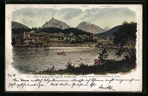 Künstler-AK F.A.C.M. Reisch: Igls b. Innsbruck, Der Lansersee mit Serles, Habicht und Stubaigletscher