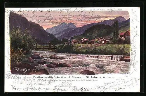 Künstler-AK F.A.C.M. Reisch: St. Anton a. A., Drathschmidtbrücke über d. Rosana