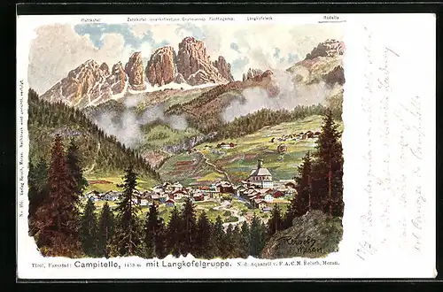 Künstler-AK F.A.C.M. Reisch: Campitello, Panorama mit Langkofelgruppe, Plattkofel, Zahnkofel und Rodella