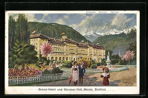Künstler-AK F.A.C.M. Reisch: Meran, Grand-Hotel und Hotel Meraner-Hof mit Zielspitze, Rotheck und Tschigat