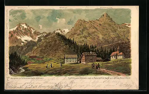Künstler-AK F.A.C.M. Reisch: Kurzras im Schnalsertale, Ortspartie mit Salurnspitze, Weisskugel und Steinschlagspitze