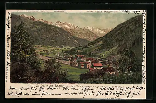 Künstler-AK F.A.C.M. Reisch: St. Anton am Arlberg, Teilansicht mit Stanzkogel, Vorderseesp., und Grieskogel