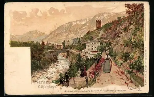 Künstler-AK Otto Strützel: Meran, Gilfanlage mit Spaziergängern