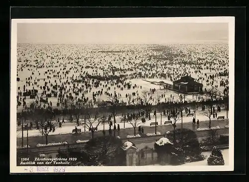 AK Zürich, Zürichseegefrörne im Jahr 1929 von der Tonhalle aus gesehen