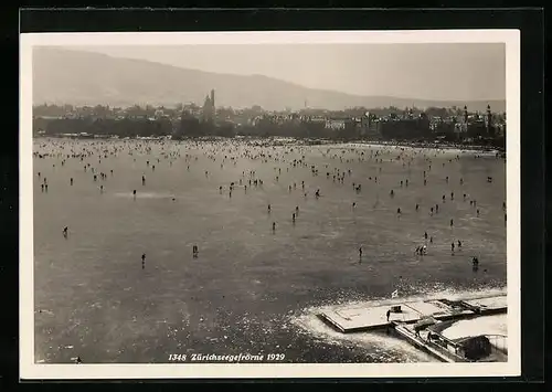 AK Zürich, Zürichseegefrörne im Jahr 1929, Menschen auf dem Eis