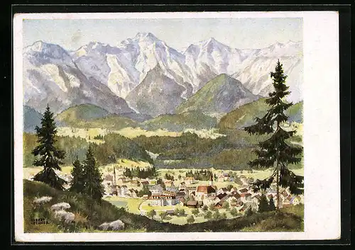 Künstler-AK Bad Goisern, Panorama mit Ort und Gebirge