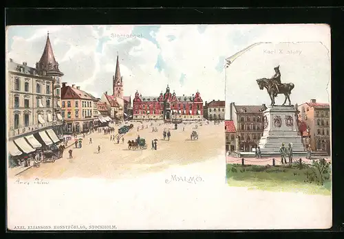 Lithographie Malmö, Stortorget, Karl X. staty