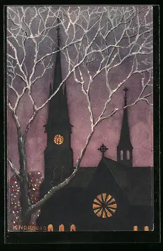 Künstler-AK Knorburg, Kirche unter`m Nachthimmel