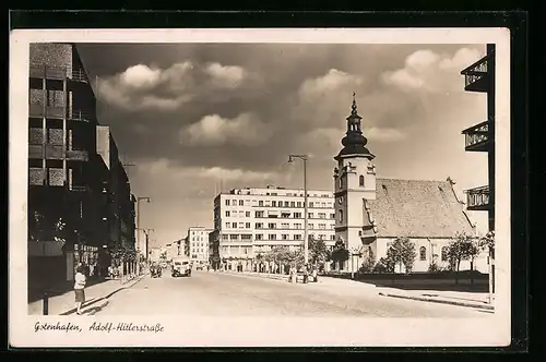 AK Gotenhafen, strasse mit Kirche