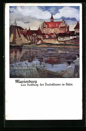 Künstler-AK Marienburg, Ortsansicht vom anderen Flussufer