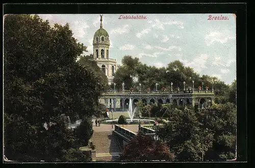 AK Breslau, Blick zur Liebichshöhe mit Springbrunnen