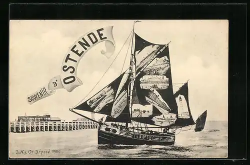 AK Ostende, Segelschiff mit Seesteg