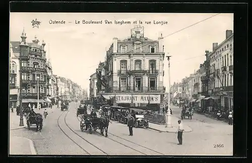 AK Ostende, Le Boulevard Van Iseghem et la rue Longue