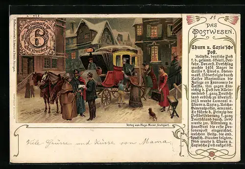 Lithographie Das Postwesen, Kutsche