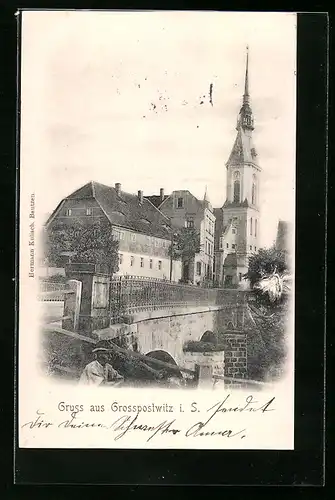 AK Grosspostwitz i. S., Ortspartie mit Kirche