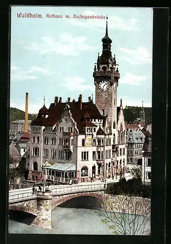 AK Waldheim, Rathaus mit Zschopaubrücke