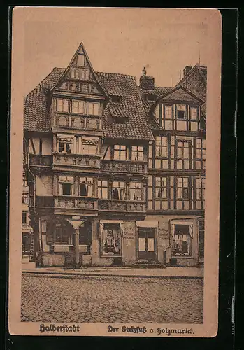 AK Halberstadt, Der Stelzfuss am Holzmarkt mit Geschäft