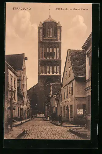 AK Stralsund, Böttcherstrasse mit Geschäften und Jacobikirche