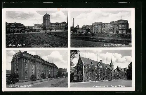 AK Riesa, Seifenfabrik, Teigwarenfabrik, Zündholzfabrik, Rathaus