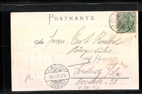 Passepartout-Lithographie Wiesbaden, Teilansicht mit Kirche, Wappen