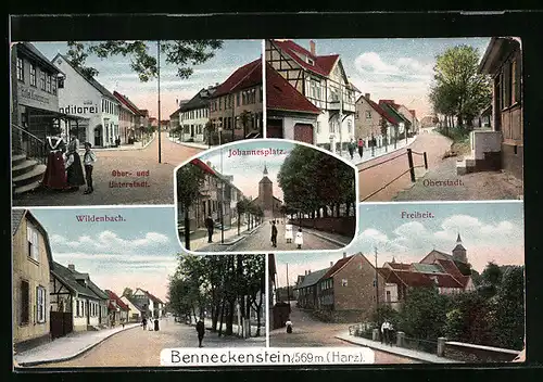 AK Benneckenstein /Harz, Ober- und Unterstadt mit Hotel Kronprinz und Konditorei, Freiheit, Wildenbach