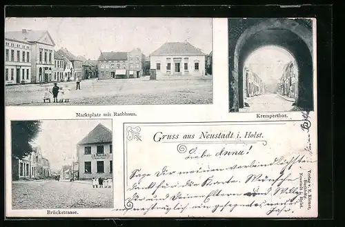 AK Neustadt i. Holst., Brückestrasse mit Geschäft von A. Monzka, Marktplatz mit Rathaus, Krempertor