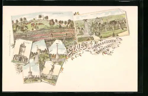 Lithographie Saarbrücken, Ehrental mit Denkmal, Spichererberg, Winterberg-Denkmal