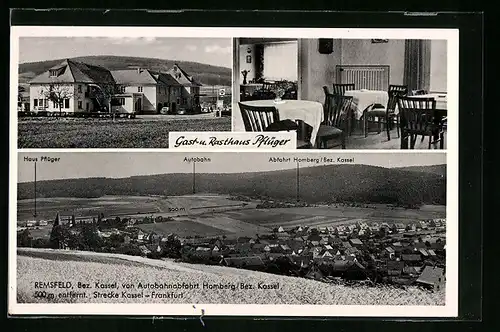 AK Remsfeld /Bez. Kassel, Gast- und Rasthaus Karl Pflüger, Innenansicht, Teilansicht mit Autobahn und Abfahrt Homberg