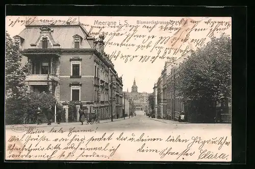 AK Meerane i. S., Bismarckstrasse mit Passanten