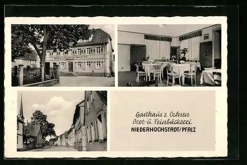 AK Niederhochstadt /Pfalz, Gasthaus zum Ochsen, Innenansicht, Strassenpartie mit Kirche