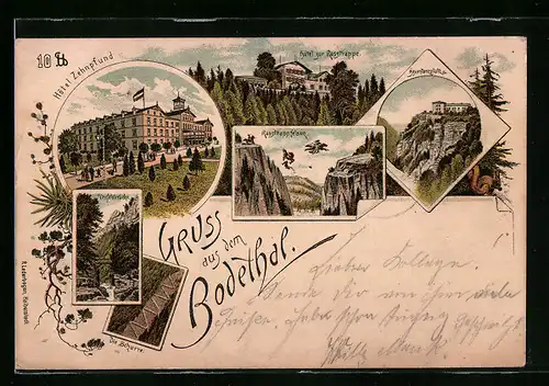 Lithographie Thale, Hotel zur Rosstrappe im Bodethal, Hotel Zehnpfund, Rosstrappfelsen