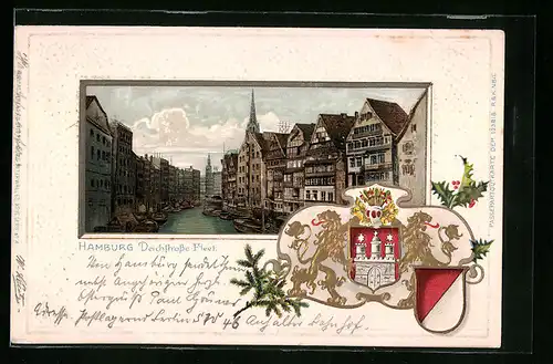 Passepartout-Lithographie Alt-Hamburg, Deichstrasse-Fleet mit Booten, Wappen