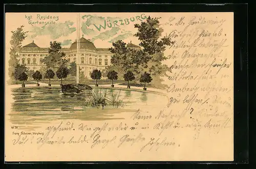 Lithographie Würzburg, Königliche Residenz Gartenseite